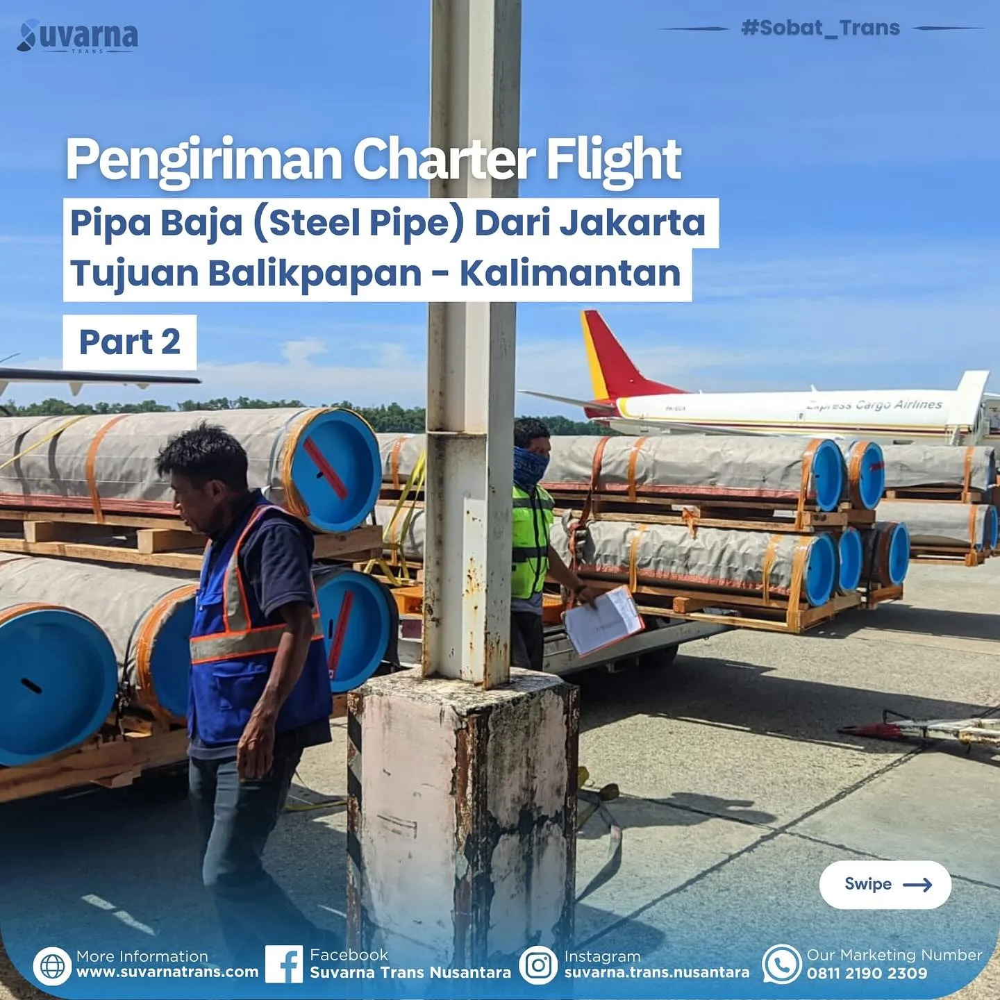 Pipa baja di atas dolly kargo disiapkan di apron bandara (1/3)