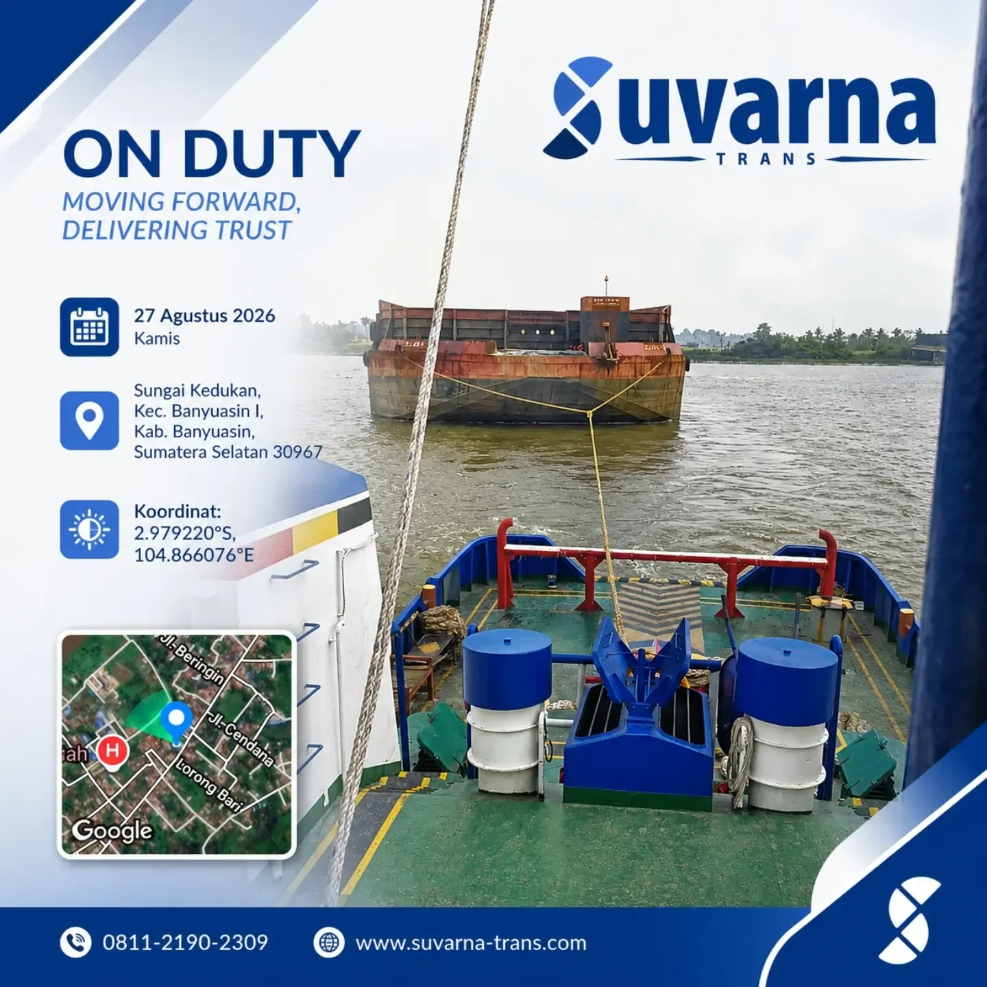 Tongkang kosong ditarik kapal tunda di sungai menuju Jetty SDJ