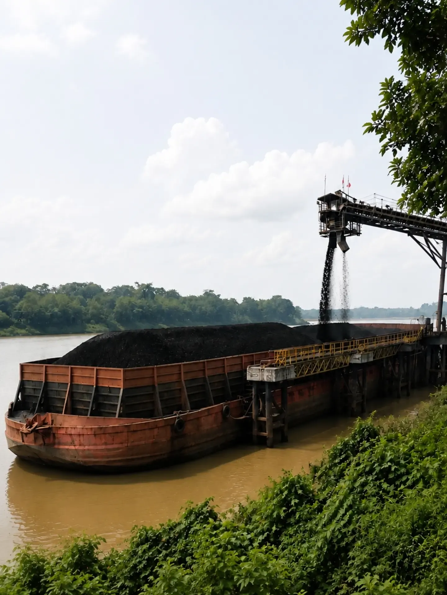 Batu bara dimuat ke tongkang melalui conveyor di Jetty SDJ Lematang