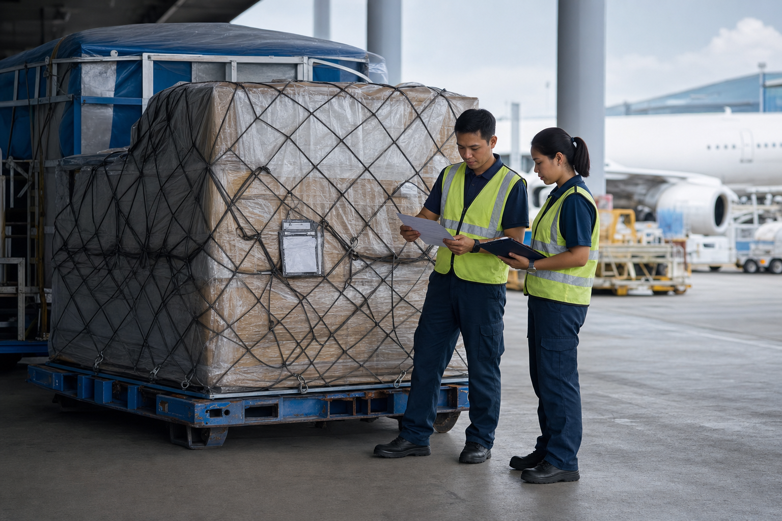 Cargo professionals inspecting a secured air-freight pallet beside an aircraft loading area