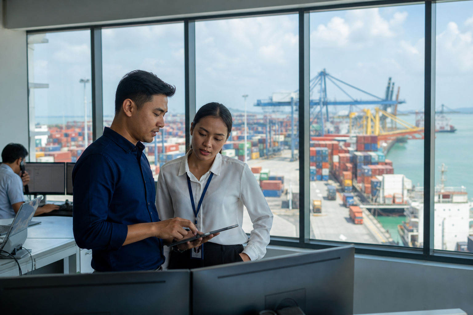 Logistics professionals coordinating cargo operations from a control room overlooking a container terminal