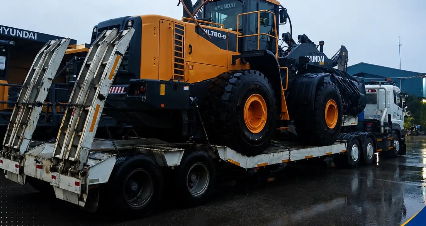 Wheel loader Hyundai HL780 diikat di atas trailer lowbed