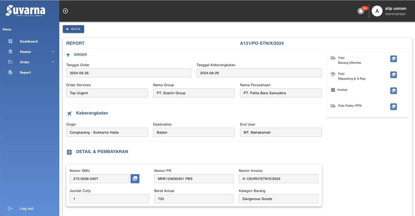 Laporan order Suvarna Trans dengan data dan status kiriman